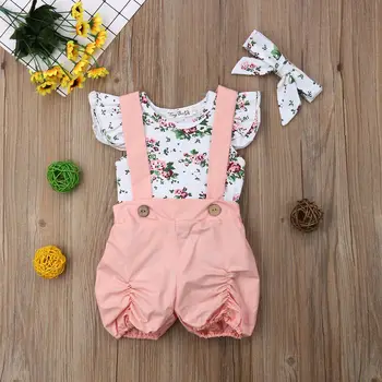 3Pcs Baby Girl Obleke Otroci Cvetlični Romper+Bib Hlače Kombinezon+Glavo Novorojenčka Obleke Poletje Obleko Priložnostne Oblačila za Malčke 0-18 M