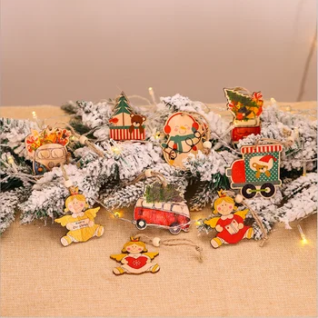 6PCS/veliko Božič Naslikal Angel/Snežak/Avto Lesene Obesek DIY Obrti Božič Visi Drevo Ornament Otroci Darilo Okraski Stranka