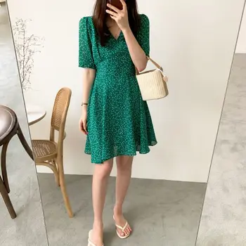 A Linija Obleke Ženska Poletje Kratek Rokav Cute Sweet Japonskem, Korejskem Slogu Oblačila Modela Datum Nositi Zeleno Polka Dot Obleko 5197