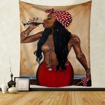 Afro African Black Art Tapiserija, Ameriška Ženska Kraljica Rdeče Vino Meditacija Hipi Hip Hop Dekle Steni Visi Tapiserije Doma Dekor