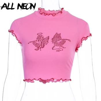 ALLNeon E-dekle Y2K Angel Diamond Grafika Ruffles Robom Vroče Roza majice Punk 90. letih Ulične O-vratu Kratek Rokav Vroče Roza majice