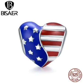 BISAER Ameriško Zastavo Čare 925 Sterling Silver, ZDA Srce Star Noge DIY Zapestnice Obesek Oblikovalec Čare Srebro 925 EFC281