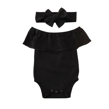 Brezplačna dostava Sladko Novorojenčka Otroci Baby Dekleta Obleke brez rokavov Ruffle Čipke Off Ramenski Bodysuit lok Glavo 2pc Poletne Obleke