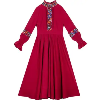 Evropski new počitnice dolg rokav vezenje cvetje retro žensko obleko temperament je tanka, visoko pasu dolgo obleko F895