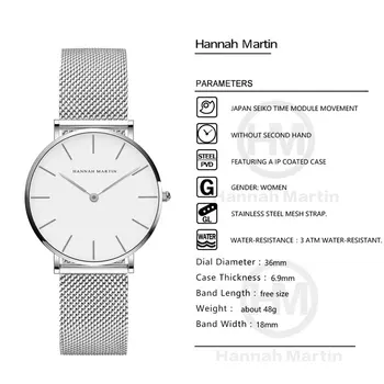 Hannah Martin blagovne Znamke Ženske Ure Luksuzni 2020 Moda Nepremočljiva Kvarčne Ročne ure Priložnostne Modra Jekla Zapestnico Dame Watch
