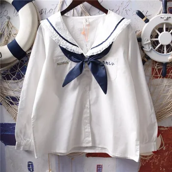 Japonska Lolita Bele Majice Ženske Letnik Princesa Ruffle Čipke Vrhovi Teen Girl Mornar Gumb Navzdol Ovratnik Srčkan Šolsko Uniformo Bluzo