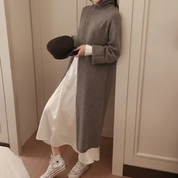 Jeseni Leta 2020 Bela Turtleneck Pleteni Pulover Obleko Ženske Korejski Elegantno Visoko Pasu Split Pulover Obleko