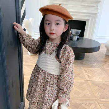 Jeseni Nov Prihod v korejskem slogu kompleti oblačil vzorec rože princesa obleko z pletene telovnik za cute sweet baby dekleta