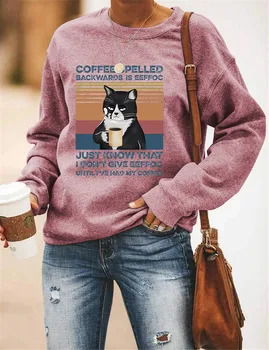Kava Napisali Pismo Tiskanje Prevelik Crewneck Majica Ženske Luštna Mačka Grafika Hoodies Skakalec 2020 Padec Zimska Oblačila