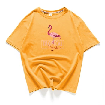 Lepe Ženske Novi korejski Bombaža T-shirt Poletje Kratki rokavi T-shirt Svoboden Okrogle Ovratnik Divje Flamingo Tiskanje Rumena Ženski