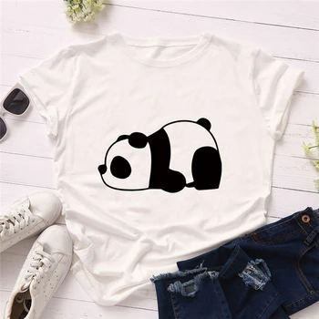 Luslos Kitajski Slog Leni Panda Spanja Kawaii Print Majica s kratkimi rokavi Ženske Priložnostne Svoboden O-vrat Vrhovi T-majice Bela Ženska Tee Srčkan Živali