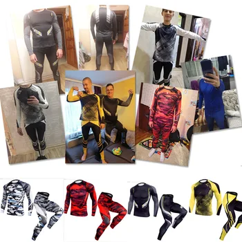 Moške popolno obleko trenirko Compression majica + fitnes dokolenke, 2-pc set Vlago wicking nogavice Zimske termalne slim joggers Moški