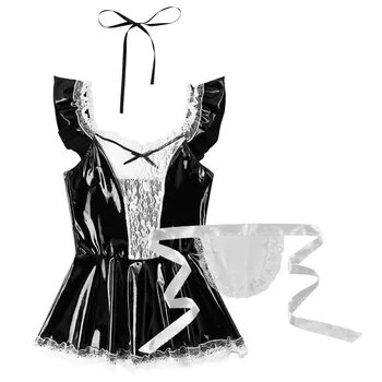 Moški Moški Sissy francoska Služkinja Cosplay Kostum Sissy Clubwear Halloween Obleko Gor Skp Rokavi Čipke Trim Mini Sežgati Obleko z Predpasnik
