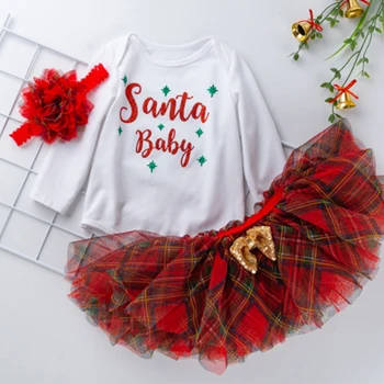 Mudkingdom Božič Newborn Baby Dekleta Obleke, Kompleti Risanka Tiskanja Vrhovi Čipke Tutu Krilo Glavo Obleke