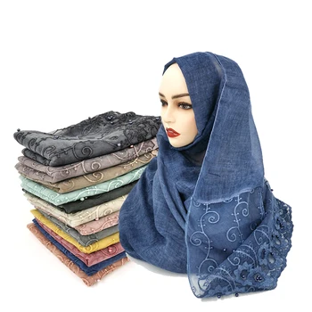NOVI cvet vezenine, čipke biseri šal hidžab navaden rute in šal mehko ženske modni muslimanskih rut muslimanskim hijabs vroče prodaje