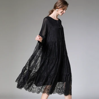 Plus velikost ženske pomlad novo ohlapne obleke flare rokav šifon mozaik čipke obleko velikosti ženske' high-end Elegantno obleko