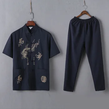 Priložnostne Mandarin Ovratnik Shirt Kratek Rokav&Hlače Za Moške Orientalski Moški Zmaj Tang Bo Ustrezala Tradicionalni Kitajski Kung Fu Oblačila