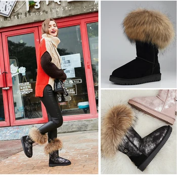 RUIYEE ženske visoki škornji usnjeni škornji prevelik lisica krzno dolgo škornji ženske čevlje 2018 nove cowhide sneg škornji