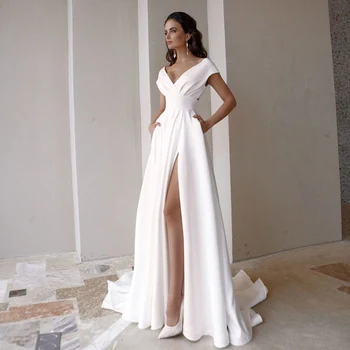 Skromen Proti-Vrat Poročno Obleko 2021 Moda Kratek Rokav Zamah Vlak Režejo Črto Poročna obleka z Žepi