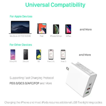 URVNS 3-vrata, 60 W, USB, C Adapter Moči 30W PD +18W QC3.0 +12W USB Tip-C Stenski Polnilec Za MacBook Air, iPhone 11/XS/X/8, iPad Pro