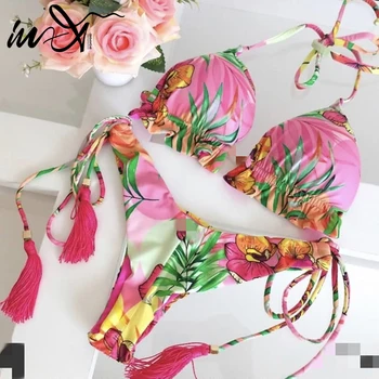 V-X tassel kopalke s cvetjem Seksi push up bikini 2020 mujer povodcem kopalke ženske, Plavanje obleko za ženske kopalke bather