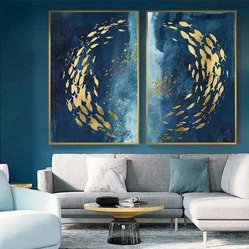 Zlato Ribe Povzetek Platno Slikarstvo Big Blue Poster Tiskanje Kitajski Razkošno Wall Art za dnevno Sobo Oltarja Zlato Seznam Sliko