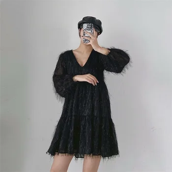 ZXQJ Ženske 2020 Elegantna Moda Kovinski Svile Resast, Mini Obleko Letnik V Vratu Dolgimi Rokavi Ženske Obleke Vestidos Mujer