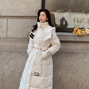 Ženske Hooded Bombaž, Oblazinjeni Suknjič Nove Zimske Toplo Debel, Dolg Plašč Ženski Slim s Pasom korejski Parkas Mujer Ženske Outwear