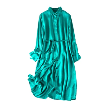 Ženske Poletne Svileno Obleko Letnik Zeleno Naravno svilo oblači Elegantno Obleko Priložnostne počitnice resnično svile dolgimi rokavi obleka