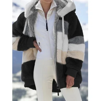 Ženski Zimski Plašč Jakna Ženska Priložnostne Šivanje Kariran Oblačila Hooded Zadrgo Plašč Outwear Specializiranimi za umetno Krzno, Ženske S-5XL Parka Plašč 2020